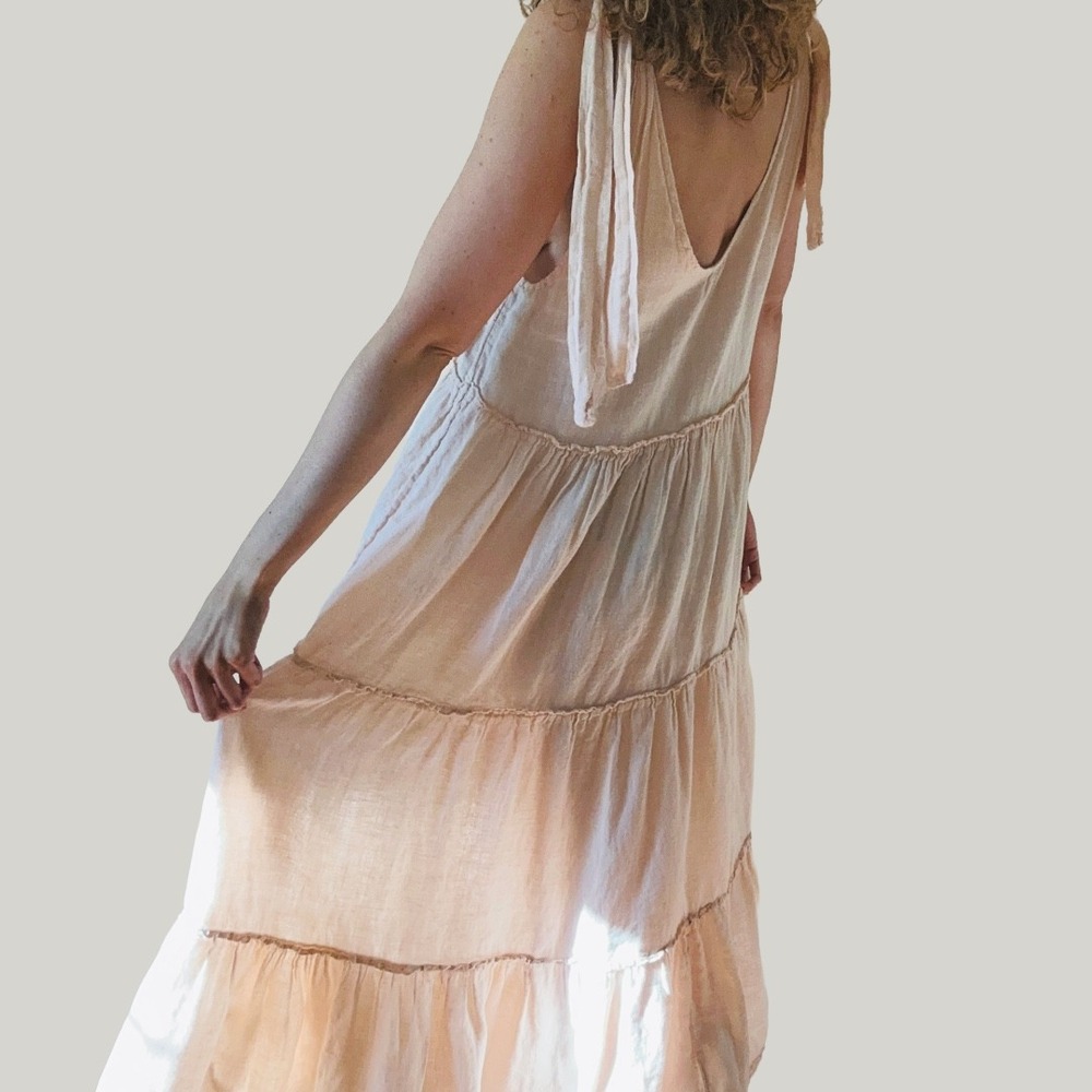 Beachwood Pink 100% Linen Tiered Tie Shoulder Midi Dress Made in Italy One Size - Picture 3 of 9